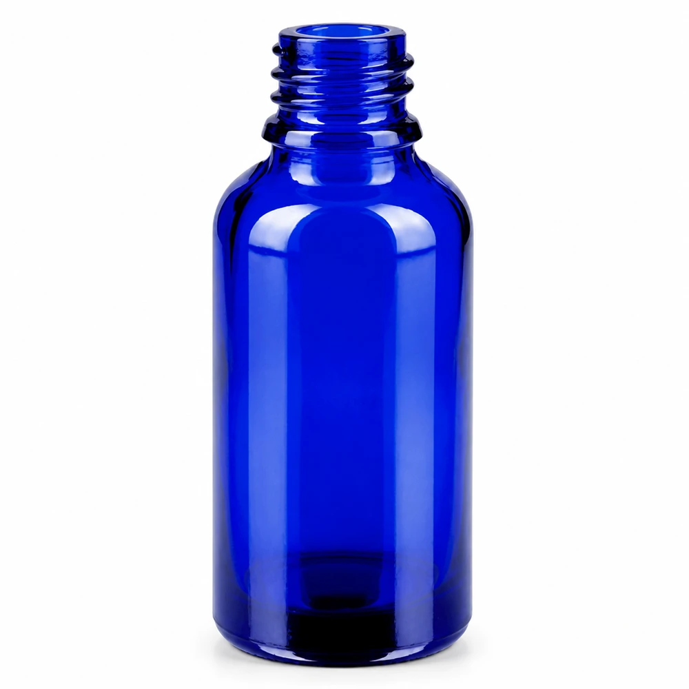 Pienikokoinen 30 ml:n lasinen suihkepullo tyylikkään sinisellä värillä nesteiden tarkkaan annosteluun.