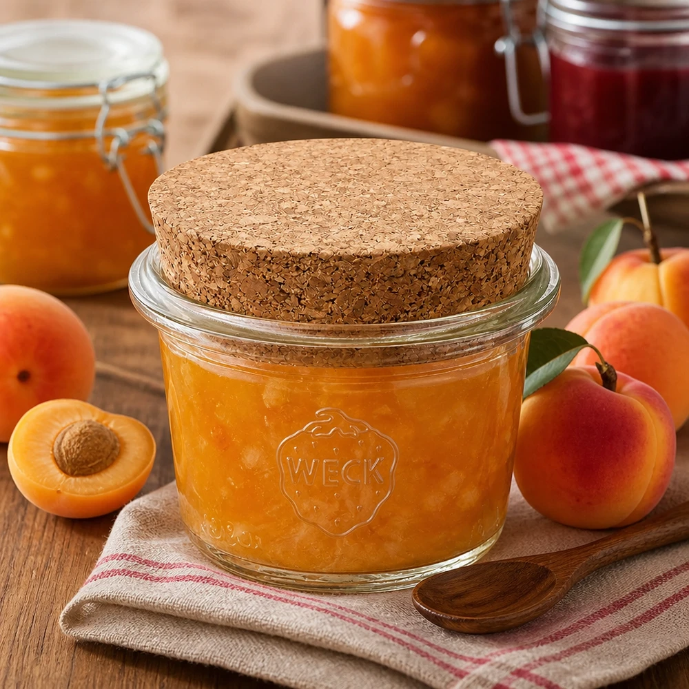 35ml WECK RR40 muuripurkki korkilla luonnonmukainen WECK 35ml RR40 korkkikorkkipurkki täynnä aprikoosihilloa tuoreiden aprikoosien vieressä puupöydällä.