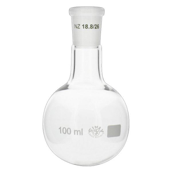 Pyöreäpohjainen pullo 100ml, jossa on vakiohiottu liitos (19/26) Pyöreäpohjainen pullo 100ml, jossa on vakiohiottu liitos (19/26)