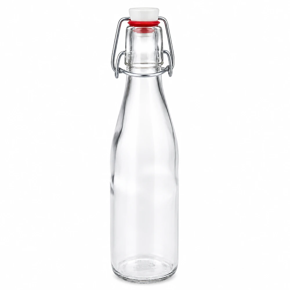 250ml lasipullo + keinuposliini UNiTWIST UNiTWIST 250ml lasipullo, jossa on kääntyvä korkki ja valkoinen posliinikorkki, tyhjä läpinäkyvä pullo juomille