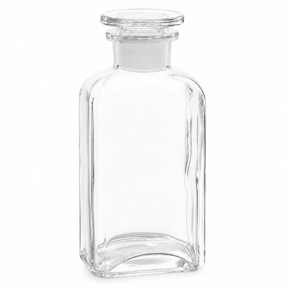 250 ml:n neliömäinen pullo kirkkaasta lasista, lasitulpalla, leveäkaulainen, laboratoriolaatuinen