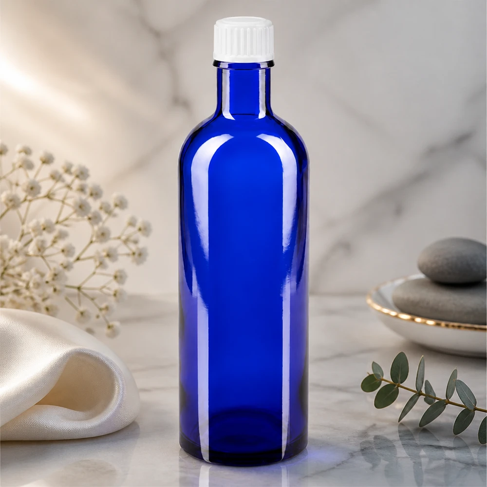 Apteekkipullo sininen 200ml ruuvikorkki valkoinen vakio 200 ml:n sylinterimäinen apteekkipullo, koboltinsininen, valkoisella muovisella kierrekorkilla