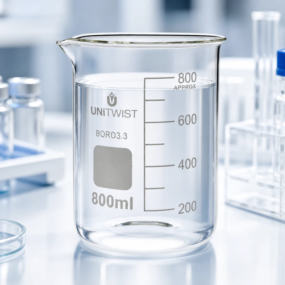 800 ml borosilikaattilasi, matala muotti UNiTWIST Tyhjä, läpinäkyvä 800 ml:n lasikulho, borosilikaattia 3.3, matala malli, UNiTWIST, valkoisella laboratoriopinnalla