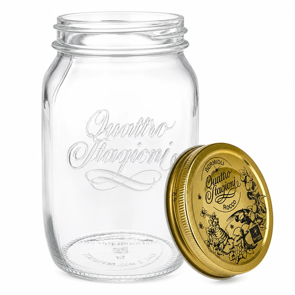 1000ml pyöreä lasinen "Quattro Stagioni" kannella varustettuna. Quattro Stagioni säilöntätölkki 1000ml irrotettavalla kannella yksityiskohtainen kuva Italialainen säilöntätölkki