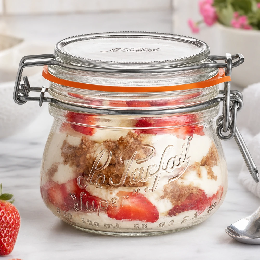 250ml Vorratsglas "Super" mit Bügelverschluss Le Parfait® 250ml Le Parfait Super -säilytyspurkki, jossa on kiikkukorkki ja joka on täytetty mansikoilla ja jälkiruoalla valkoisella pinnalla.