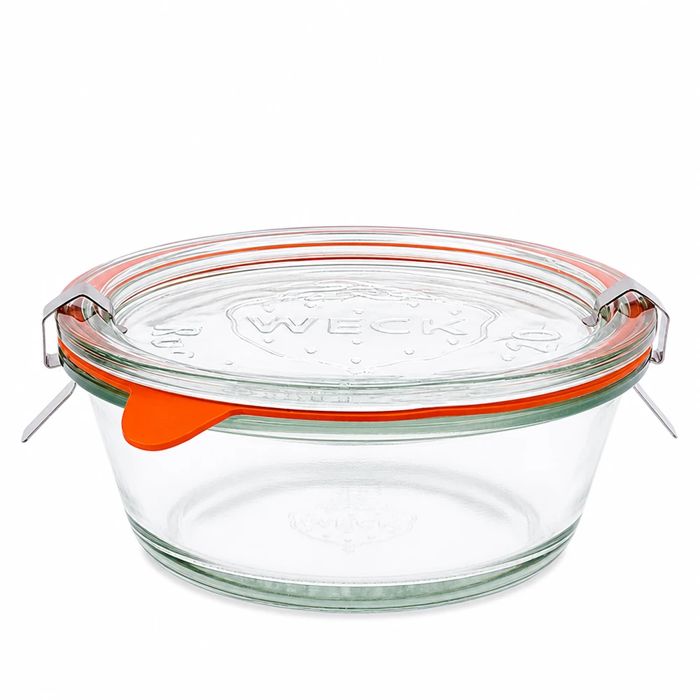 WECK Gourmet-purkki 300ml RR120 lasikannella ja oranssilla kumirenkaalla, läpinäkyvästä lasista valmistettu pyöreä säilöntätölkki.