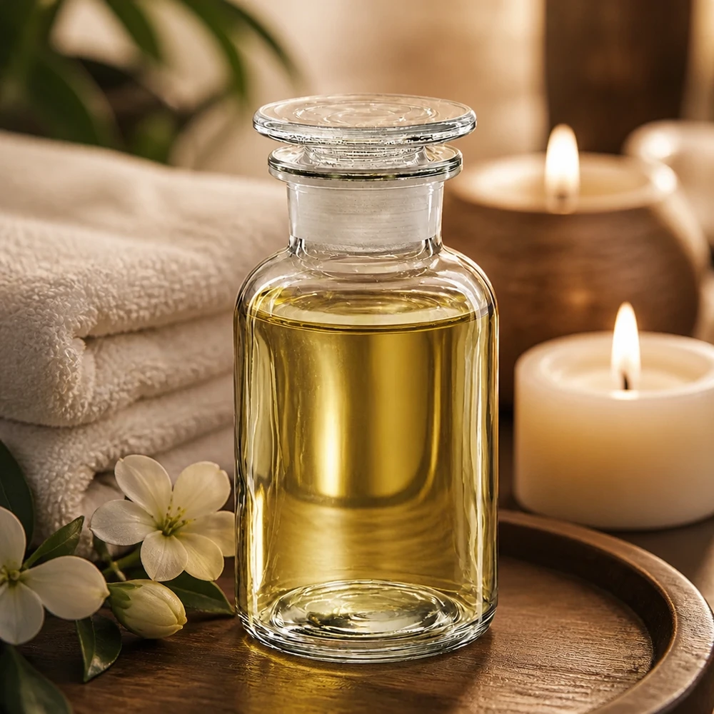 Pyöreä olkapääpullo 250ml kirkas leveäkaulainen lasitulppa 250 ml:n kirkaslasinen leveäkaulainen pullo, jossa on lasitulppa ja joka on täytetty kultaisella hierontaöljyllä spa-hoitolassa