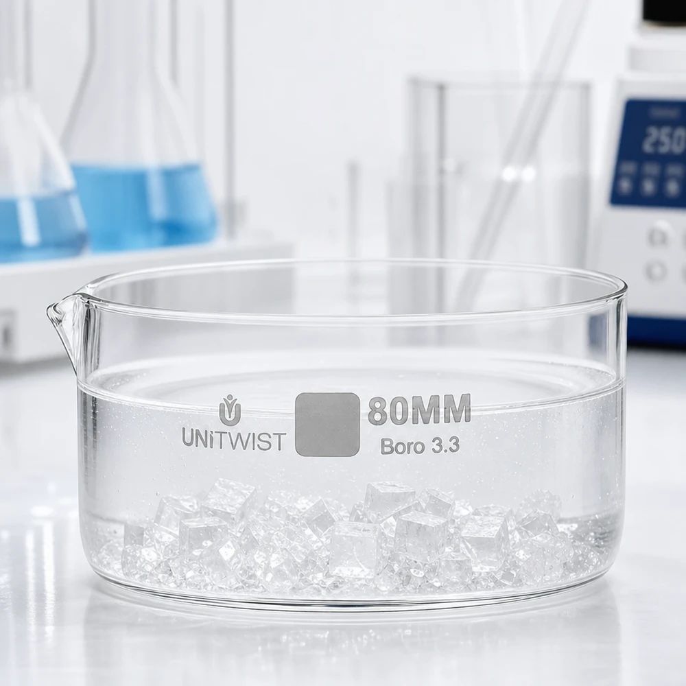 Kiteytysastia ø80mm borosilikaattilasi UNiTWIST. Litteä 80 mm:n kiteytysastia, jossa on jääkuutioita, laboratoriokäyttöön, borosilikaattilasia, UNiTWIST