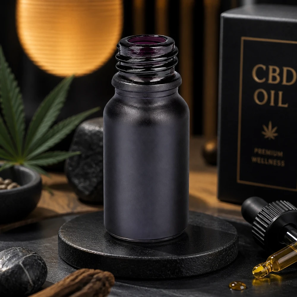 Kompakti 10ml apteekkipullo BlackLine UT18/10 UNiTWIST sopii CBD-öljylle ja kosmetiikkatuotteille.
