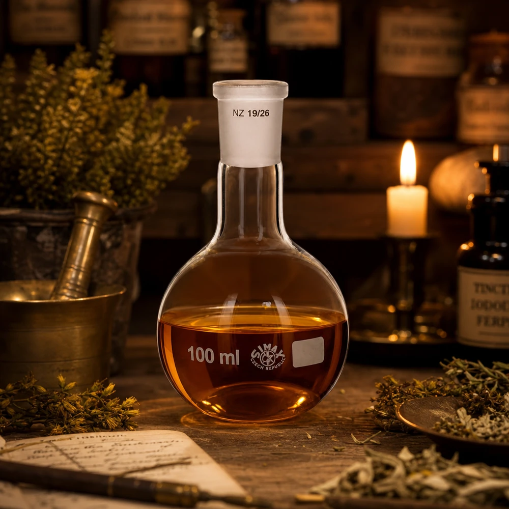 100ml lantiopullo, jossa on vakiohiottu liitos (19/26). Lantiopullo 100ml täytetty kultaisella nesteellä - korkealaatuinen laboratorioastia, jossa on 19/26 standardin mukainen hiottu liitos.