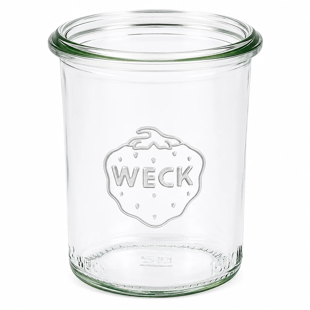 160ml tumppupurkki WECK RR60 160ml WECK RR60 tumblers, jossa on kohokuvioitu logo, läpinäkyvä säilöntätölkki ilman kantta.