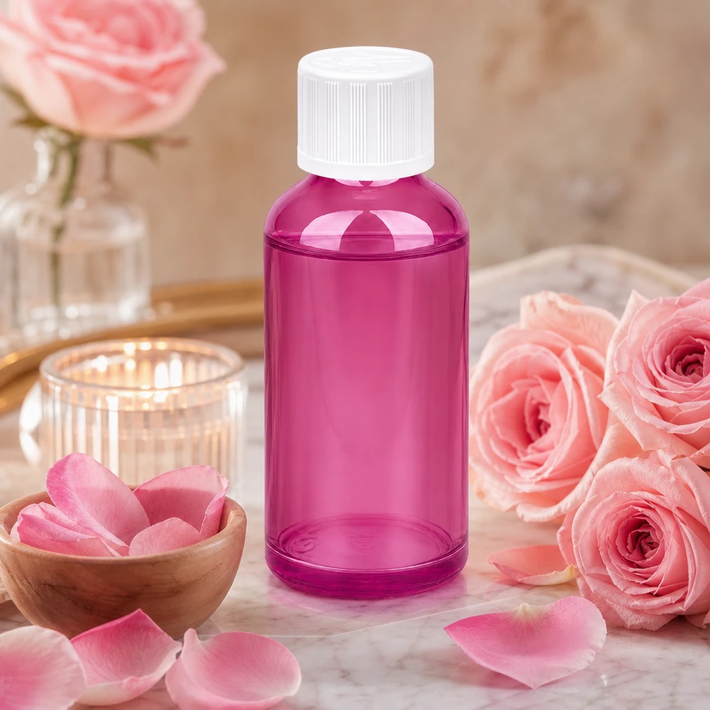Kompakti 50ml pullo Purple Line muotoilulla, jossa on vakiokorkki aromaterapiaa varten.