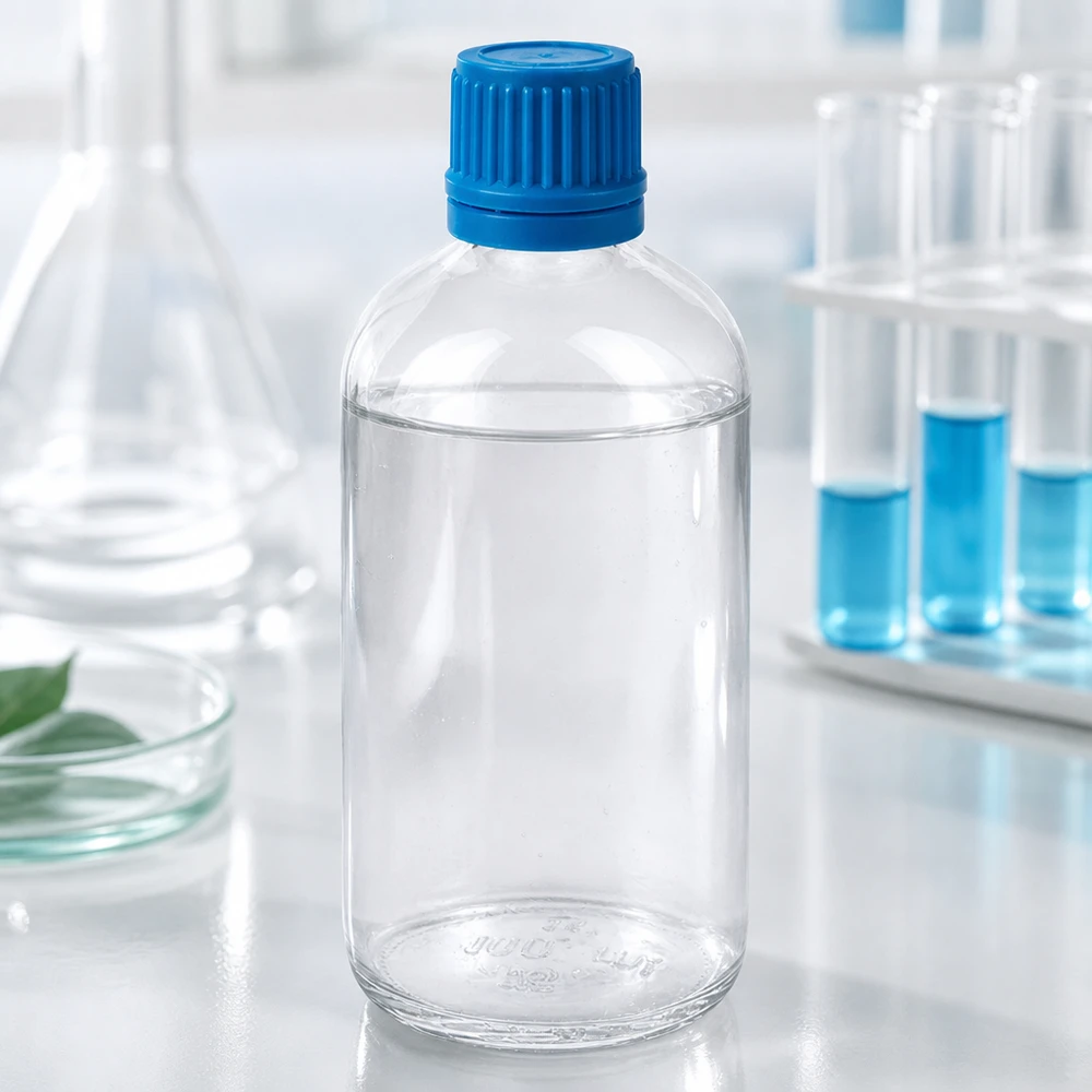Läpinäkyvä 100 ml:n ClearLine-laboratoriopullo, jossa on sininen alkuperäiskorkki (OV), laboratoriokäytössä