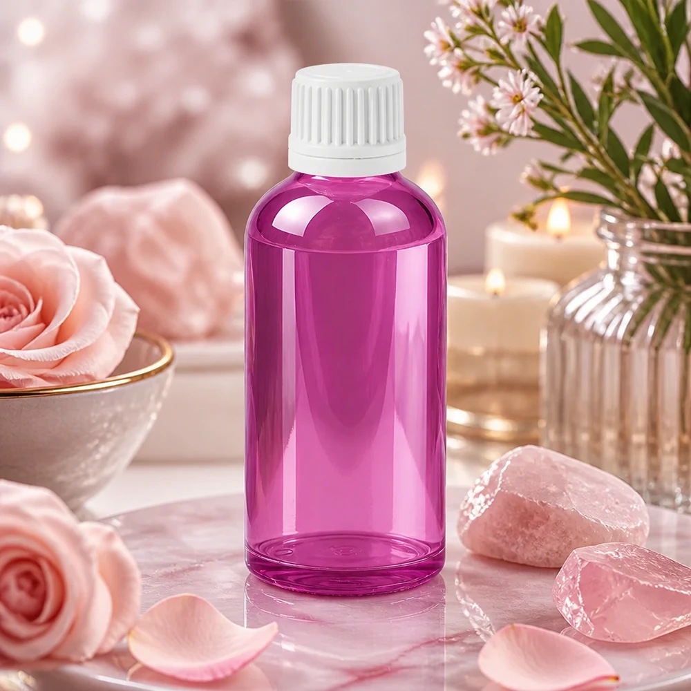50ml violetti lasipullo, jossa on 11mm aukko ja valkoinen korkki tarkkaa annostelua varten.