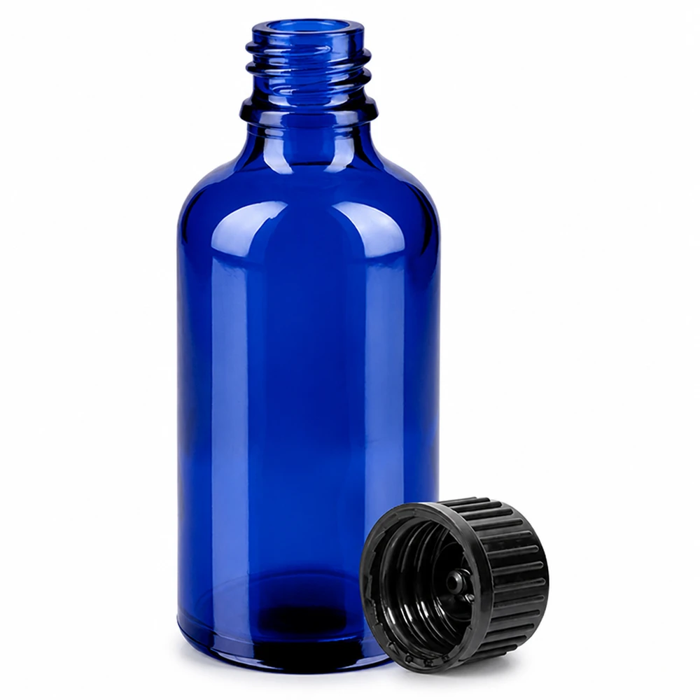 50ml pullo 11mm kierrekorkki musta väärentämisen estävä korkki BlueLine UT18/50 Kompakti 50 ml:n lasipullo, sininen, 11 mm:n kierteellä ja mustalla väärentämisen varmentavalla korkilla.