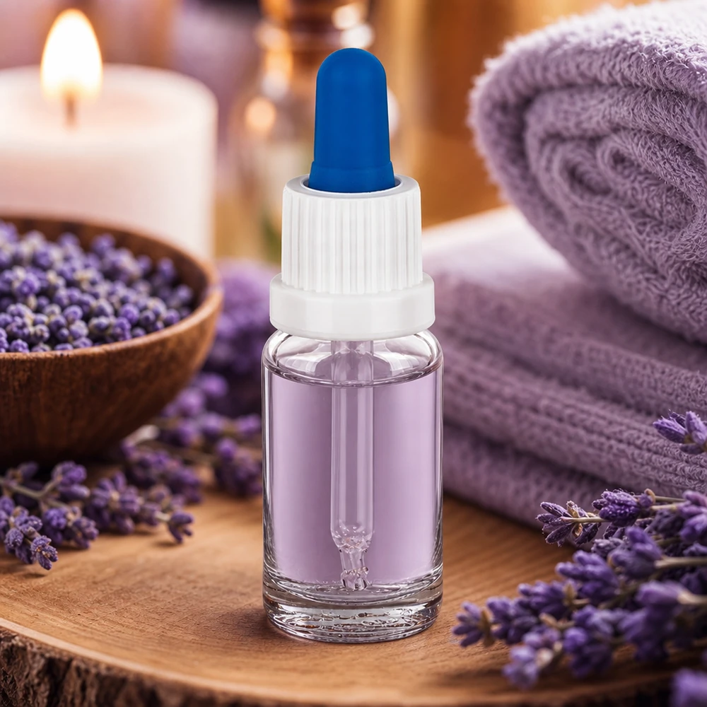 10ml pipettipullo valkoinen/sininen sulkeminen väärentämisen estävällä sulkimella ClearLine UT18/10. 10 ml:n pipettipullo, joka on täytetty laventeliöljyllä, puualustalla laventelikukkien ja kynttilän kera