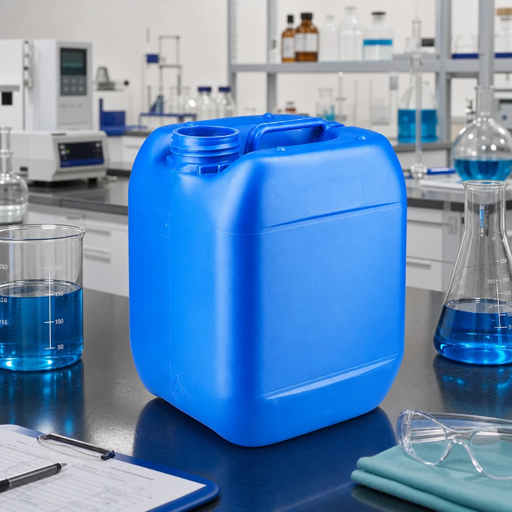 Sininen 5 litran kanisteri ilman kantta laboratoriopöydällä Erlenmeyer-pullon ja lasikulhon vieressä