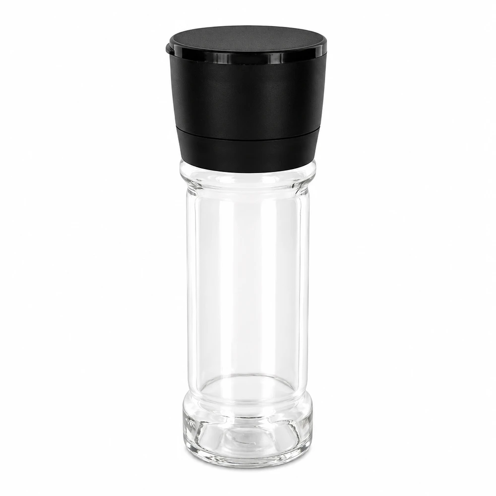 Suola-/maustepurkki 100 ml, jauhin Vario, musta 100 ml:n suola- ja maustepurkki, jossa on musta Vario-mylly, kirkasta lasia