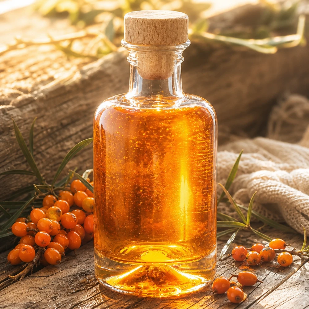 100ml lasipullo Sofia puukorkilla täytetty tyrniöljyllä oranssin tyrnimarjan vieressä luonnollinen koristelu.
