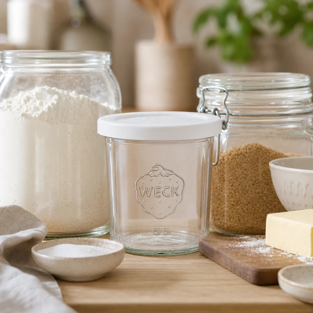 WECK 140ml RR60-lasit luonnollisessa keittiöympäristössä, jossa on leivonta-aineksia ja puulauta elämäntyylikuvauksena.