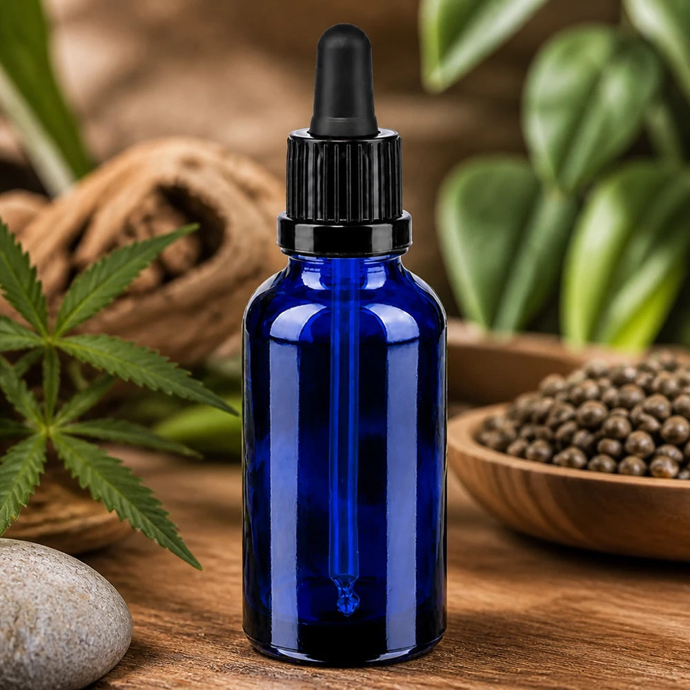 Kompakti 30ml BlueLine-pipettipullo, jossa on sininen lasi UV-suojaus valolle herkille aineille.