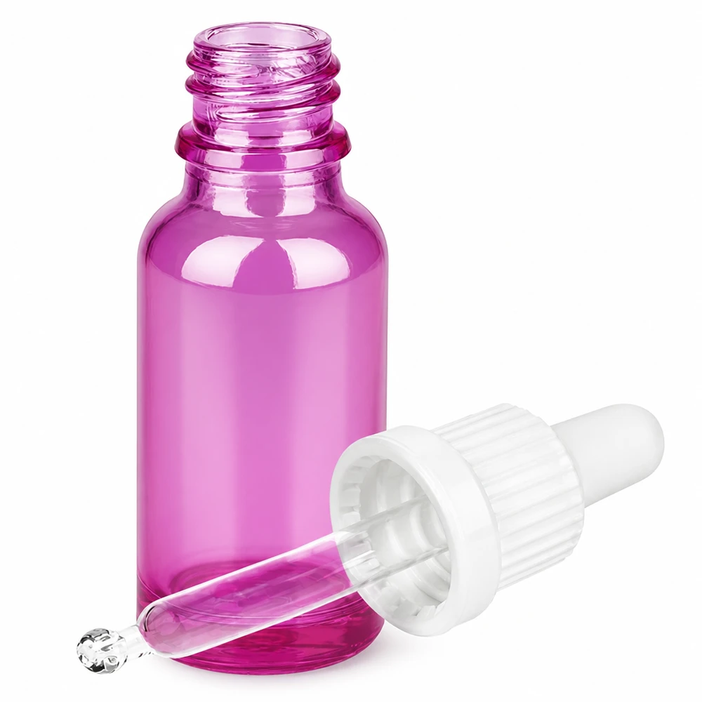 20ml pipettipullo valkoinen Originality kierrekorkki PurpleLine UT18/20 PurpleLine UT18/20 Violetti lasipullo 20ml pipetillä kosmetiikkaa ja eteerisiä öljyjä varten.