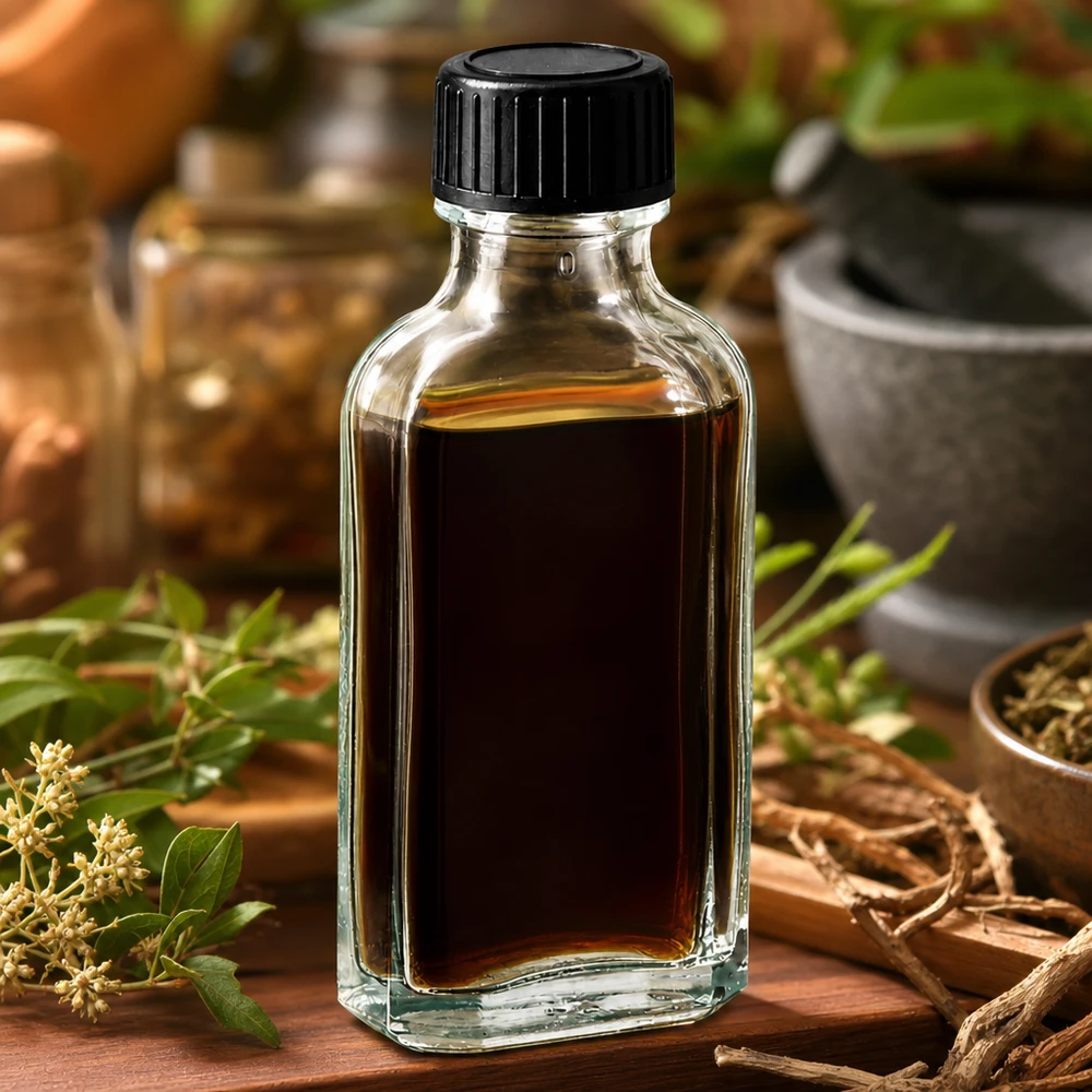 50 ml:n Meplat-pullo, jossa on tummaa yrttiöljyä ja musta kierrekorkki, puualustalla