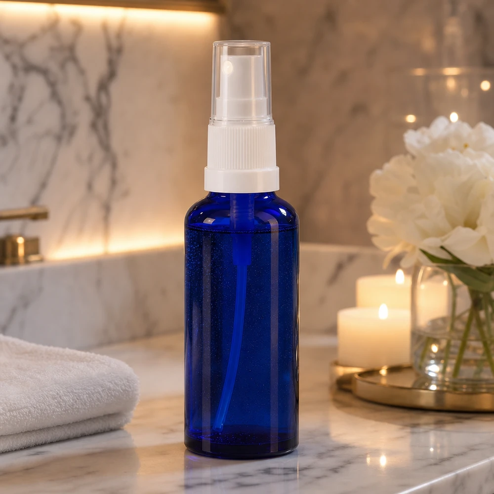 Apteekkipullo sininen 30ml ruiskutuskorkki valkoinen Koboltinsininen 30 ml:n apteekkilasinen suihkepullo, jossa on valkoinen suihkukärki, tyylikkäässä kylpyhuoneessa kynttilöiden keskellä