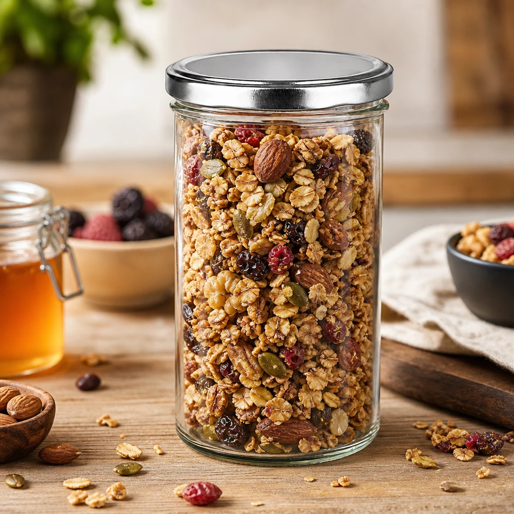 277ml juomalasit, joissa on BasicSeal-kansi hopea UNiTWIST. 277ml Sturzglas mit BasicSeal Deckel silber gefüllt mit Müsli und Nüssen auf Holztisch Vorratshaltung Küche