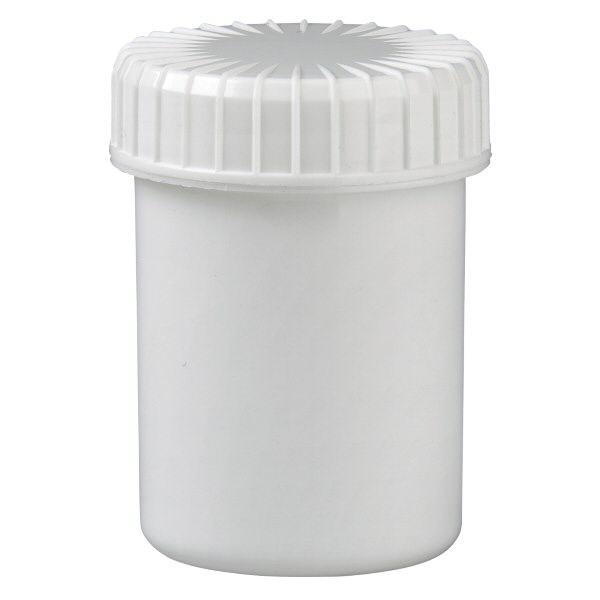 Valkoinen 40 ml:n ruuvikorkkipurkki, jossa on uritettu kansi. Valkoinen 40 ml:n ruuvikorkkipurkki, jossa on uritettu kansi.