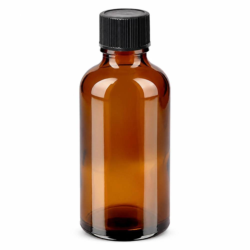 50ml tippapullo 1mm musta vakiosuljin BrownLine UT18/50 50ml meripihkanvärinen lasipullo mustalla tiputuskorkilla eteerisille öljyille ja esansseille.