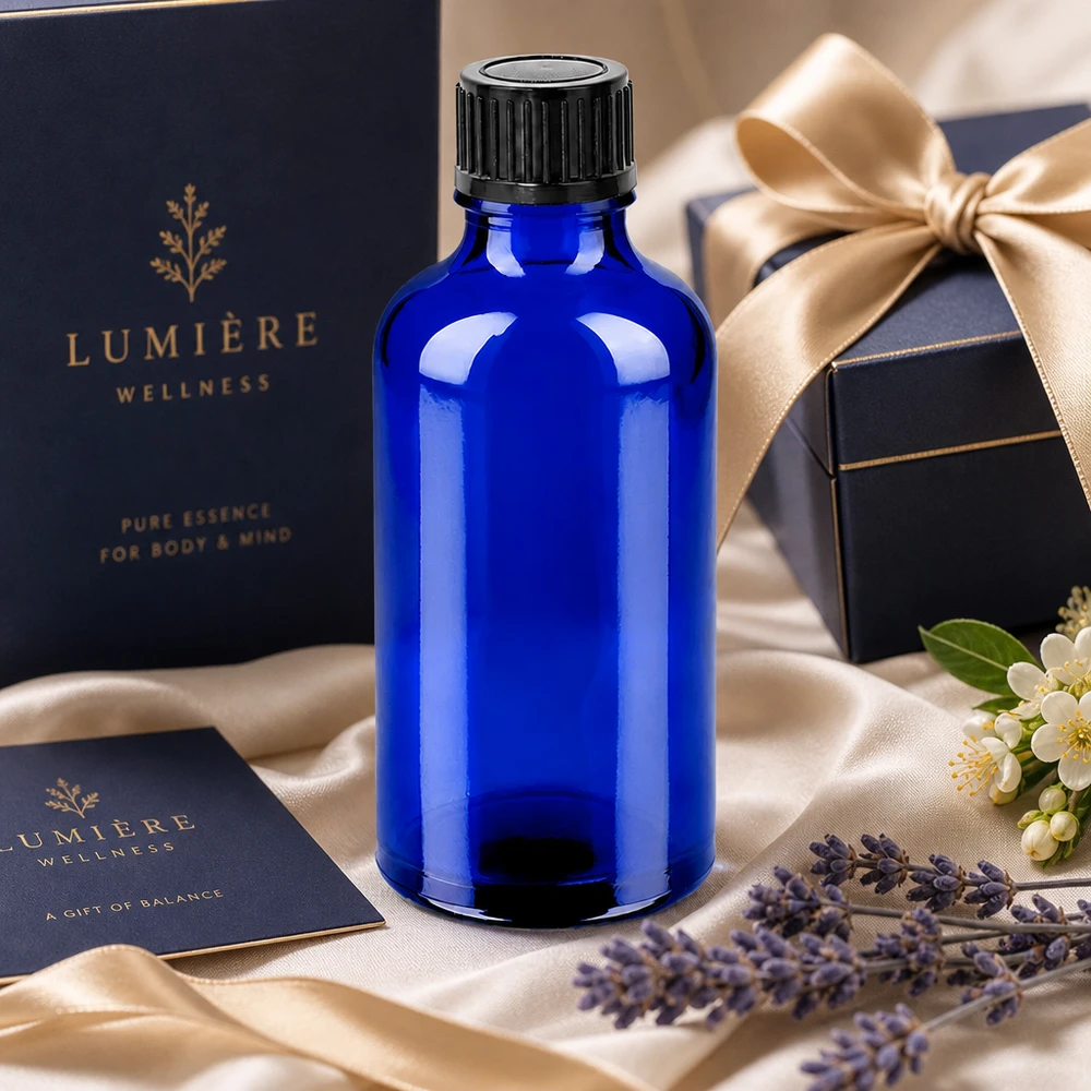 50ml pullo 11mm kierrekorkki musta vakio BlueLine UT18/50 50ml UV-suojalasipullo kirkkaan sinisessä kirkkaassa värissä, jossa on lapsiturvallinen korkki hyvinvointia varten.