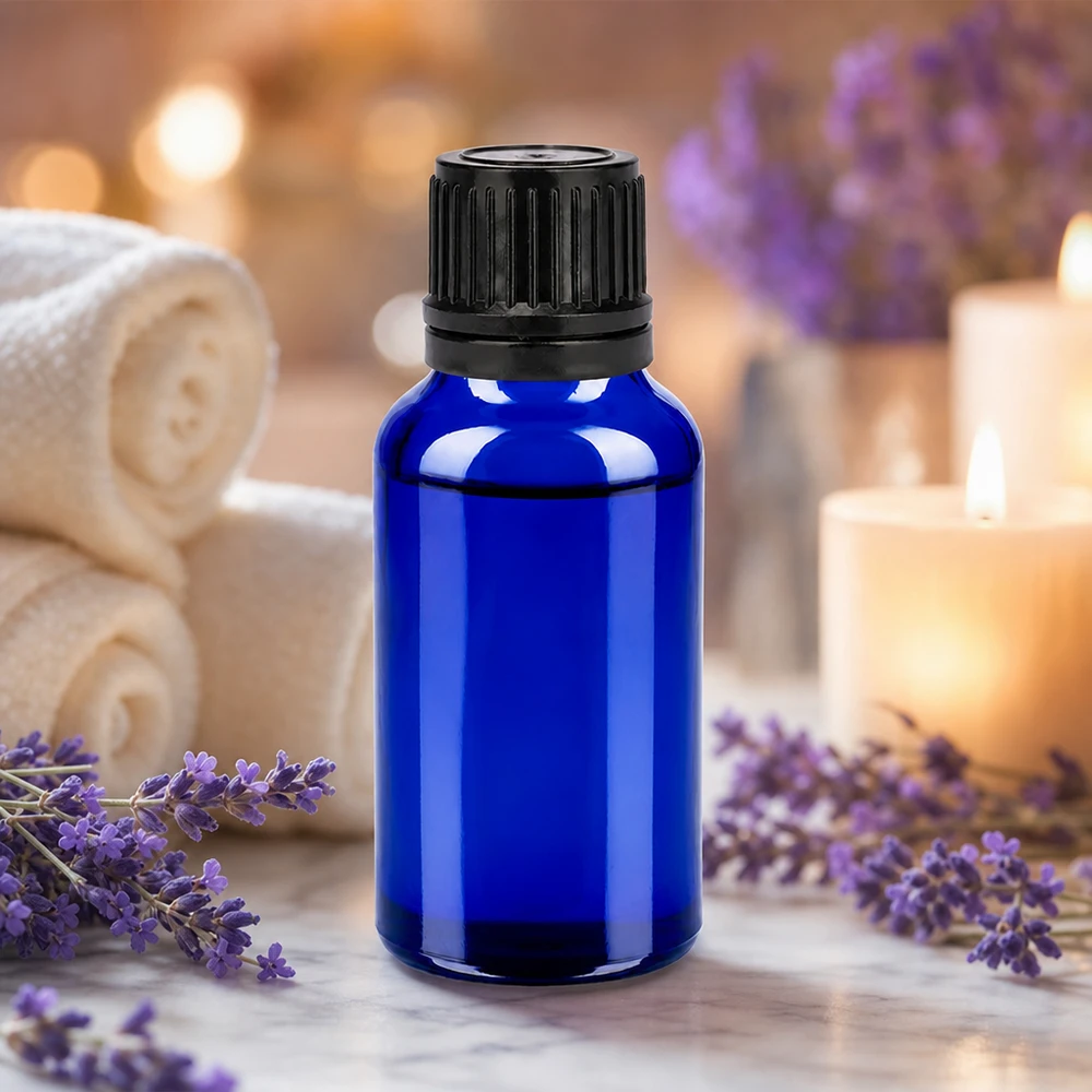 20ml aromaterapialasipullo sininen mustalla tiputuskorkilla laventeliöljylle ja hyvinvointiöljylle.