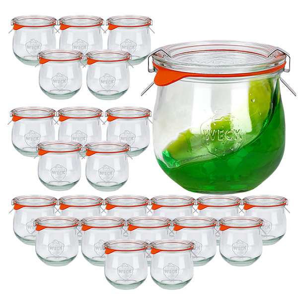 Setti 24 Weck-purkkia 370ml tulppaanipurkki, jossa on 24 lasikantta. Setti 24 Weck-purkkia 370ml tulppaanipurkki, jossa on 24 lasikantta.