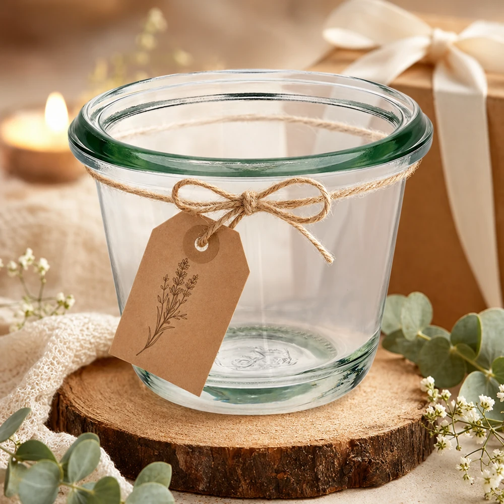 80ml Gughugelpurkki WECK RR60 täydellinen 80ml Gughugelpurkki WECK RR60 80ml WECK gourmet-purkki RR60 koristeellisesti järjestetty voimapaperilappu puisella levyllä juhlallisessa lahjakoristeessa.