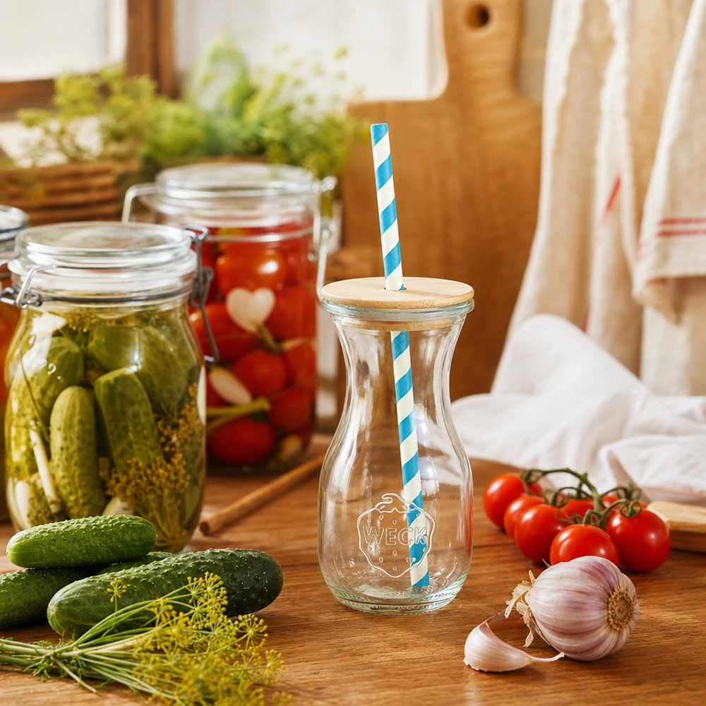 6 x WECK 290ml mehupullo RR60, jossa on puukansi ja 100 ekologista S WECK mehupullo 290ml keittiön maisema, jossa on suolakurkkua tomaatteja tuoreita vihanneksia puinen kansi ekologinen olki