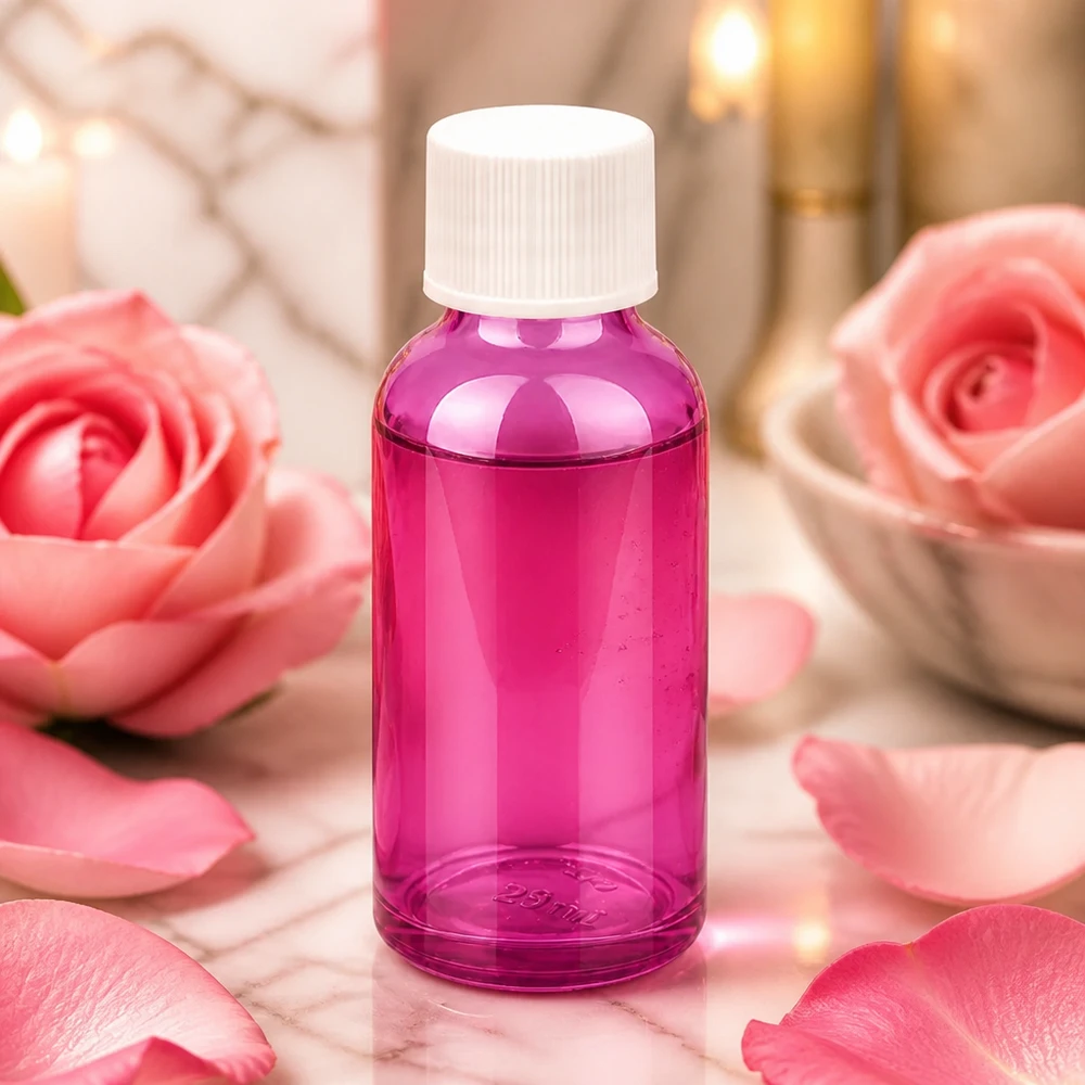 Violetti 30ml pullo valkoisella korkilla ihanteellinen hajuvesiin ja aromaterapiaan.