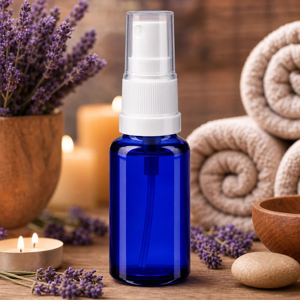 Apteekkipullo sininen 20ml suihkutuslisäosa valkoinen kpl. Pieni 20 ml:n apteekkisuihkupullo sinisestä lasista, jossa on valkoinen sumutin eteerisille öljyille