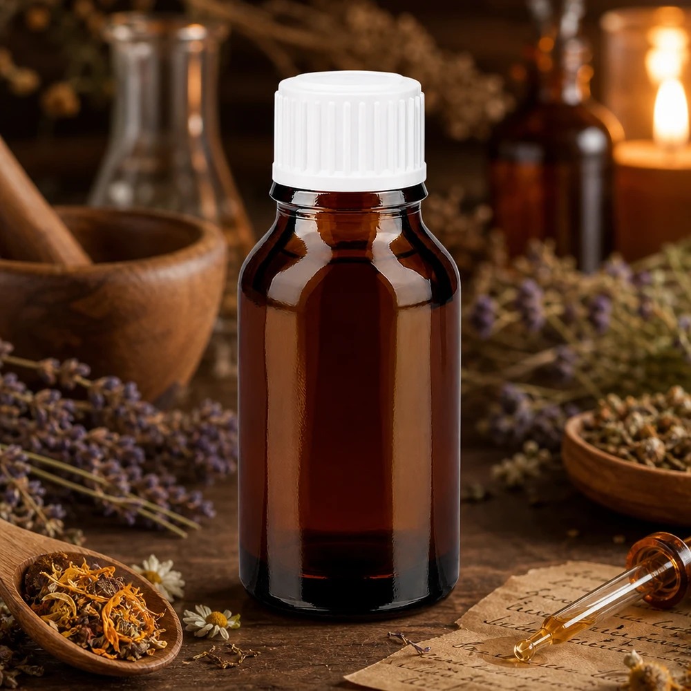 Apteekkipullo ruskea 30ml kierrekorkki valkoinen standardi Ruskea apteekkipullo, 30 ml, valolta suojaava lasi ja valkoinen korkki, yrttejä ja lääkekasveja