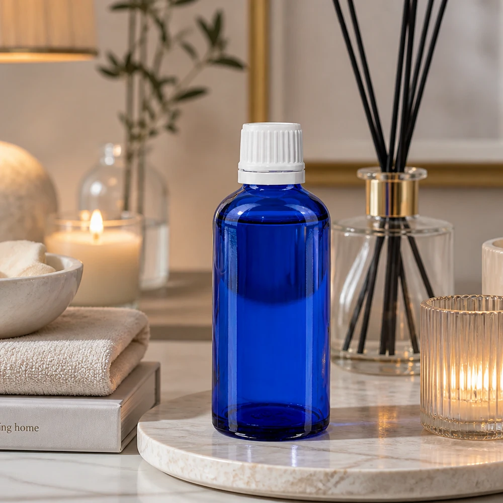 Apteekkipullo sininen 50ml ruuvikorkki valkoinen väärentämisen varmentava sulkeminen. Koboltinsininen 50 ml:n apteekkipullo, jossa on valkoinen kierrekorkki, spa-henkisessä rentouttavassa ilmapiirissä