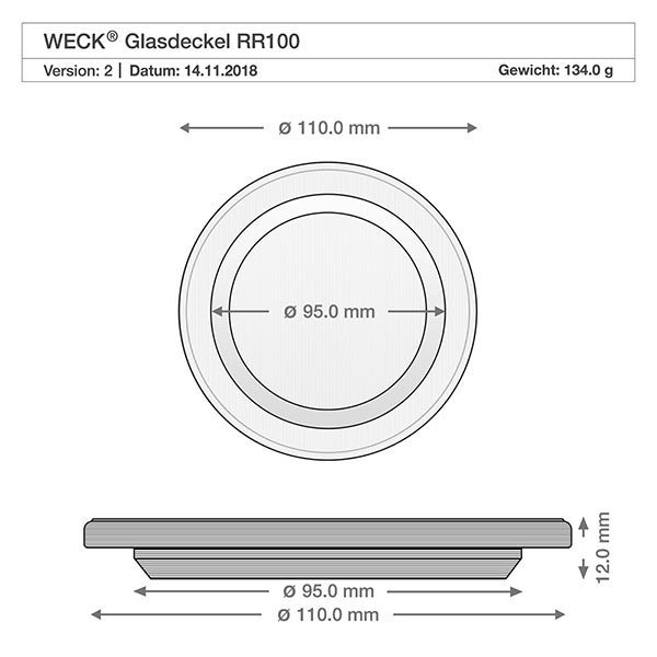 1062ml tulppaanipurkki lasikannella WECK RR100 WECK lasikansi RR100 tekninen piirustus mitat 110mm halkaisija 95mm sisämitta 12mm korkeus varaosa sylinterilasi