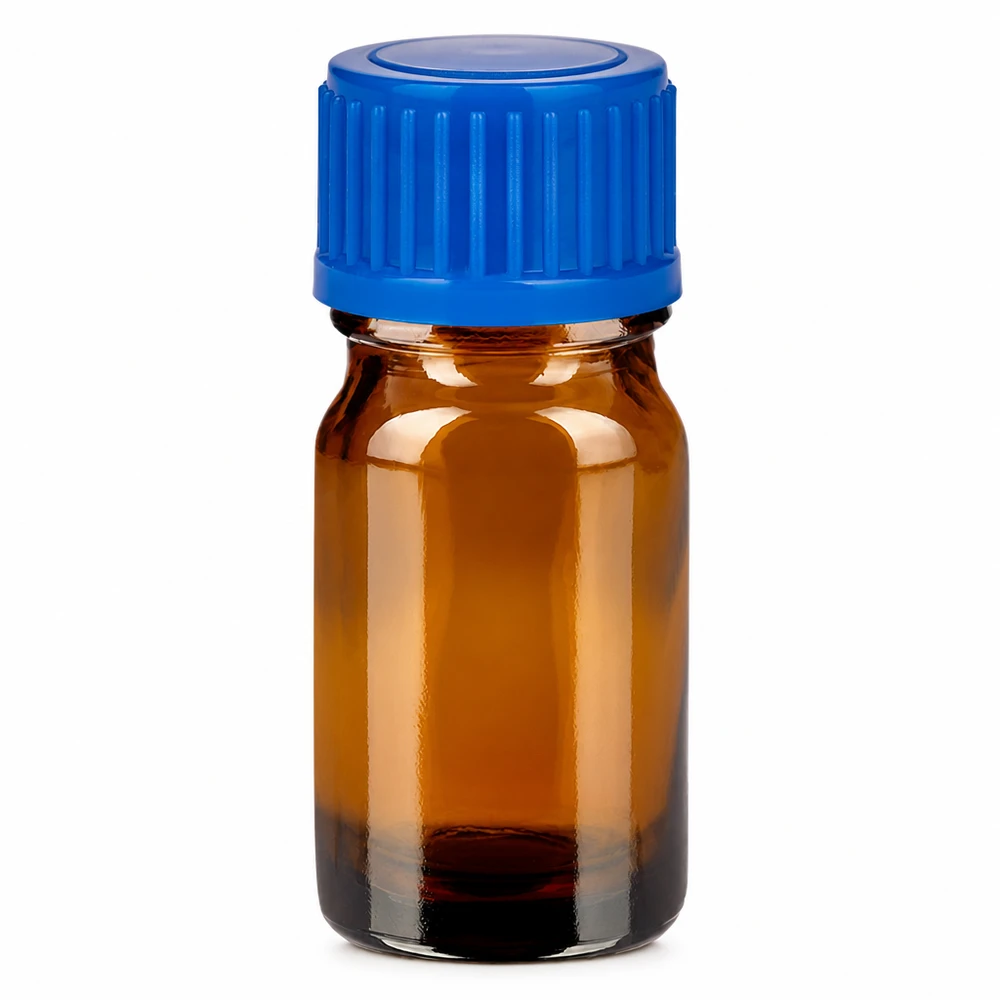 5ml meripihkanvärinen lasipullo sinisellä kierrekorkilla eteerisille öljyille ja lääkkeille.