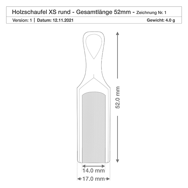 Puinen kauha koko XS puoliympyrän muotoinen - 52 mm pitkä. Tekninen piirustus puisesta lapiosta XS, jonka mitat ovat 52 mm kokonaispituus ja 17 mm leveys.