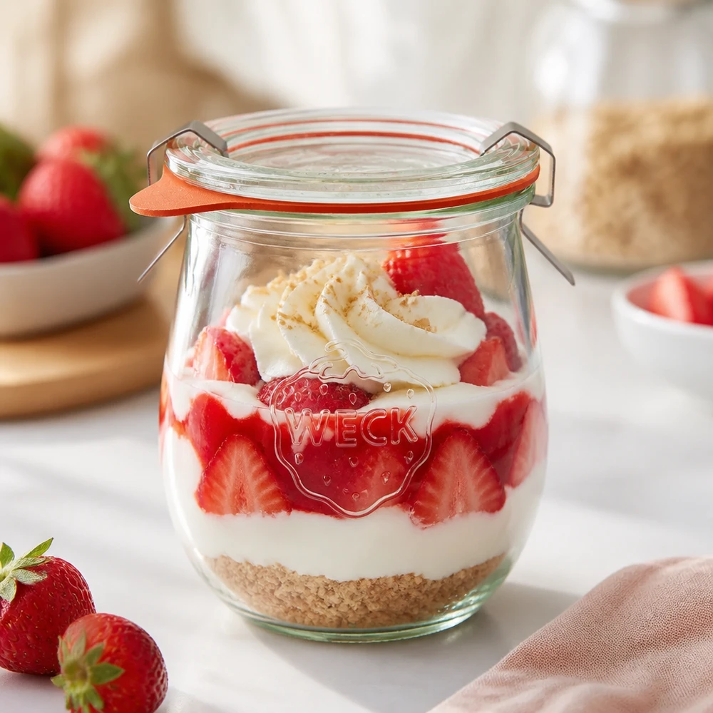 220ml tulppaanipurkki täydellisenä WECK RR60 WECK tulppaanipurkki 220ml RR60 mansikkajälkiruoka kerrostettu jälkiruoka jogurtti ja keksi pohja käytetty jälkiruoka purkki