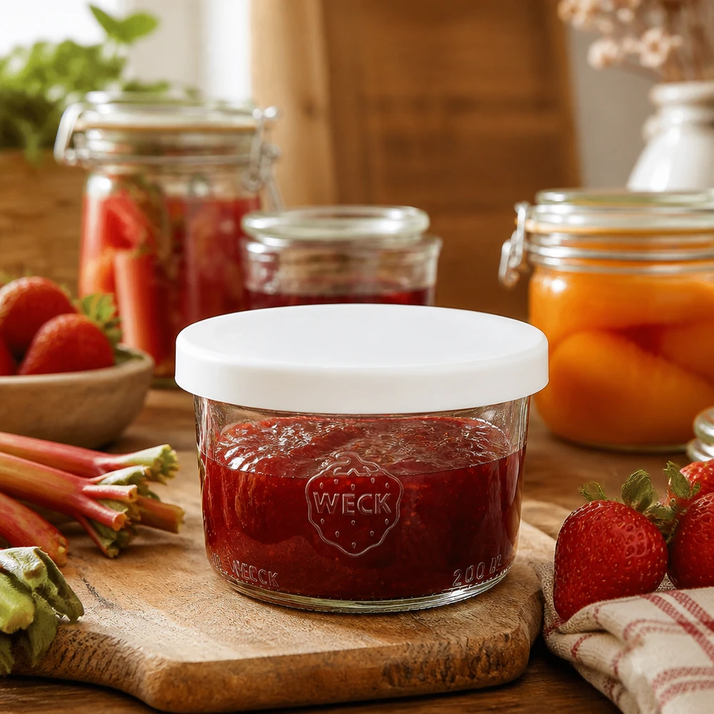 WECK RR80 lasit 200ml mansikkahillolla ja valkoisella silikonikannella maalaismaisessa keittiössä, jossa on tuoreita hedelmiä