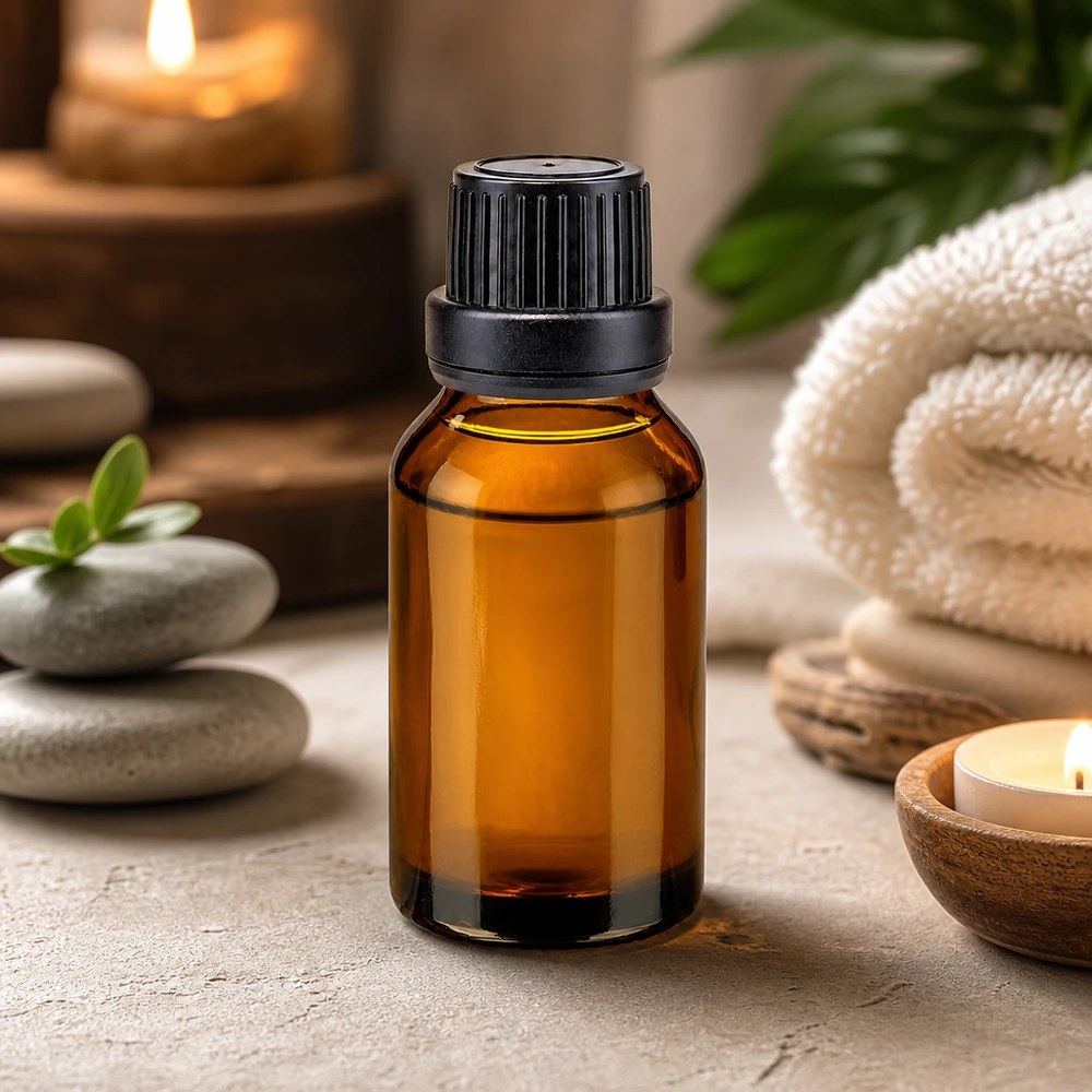 Apteekkipullo ruskea 15ml ruuvikorkki musta peukaloitava sulkeminen Aromaterapia-ruskealasi-pullo, 15 ml, mustalla kierrekorkilla, hierontakivien ja kynttilöiden välissä