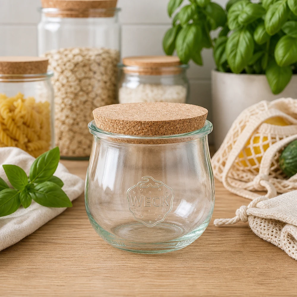 370ml tulppaanipurkki WECK RR80 korkilla luonnollinen WECK tulppaanipurkki 370ml RR80 korkilla kestävässä nollahävikkikeittiössä säilytyspurkkien ja basilikan välissä