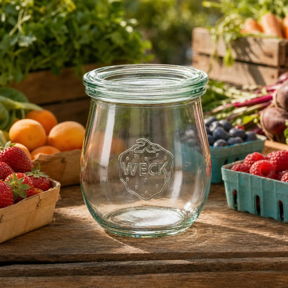 220 ml:n tulppaanipullo lasikannella, WECK RR60 WECK tulppaanipurkki 220ml RR60 tyhjänä puupöydällä tuoreiden hedelmien ja vihannesten ympäröimänä luonnollisessa puutarhaympäristössä.