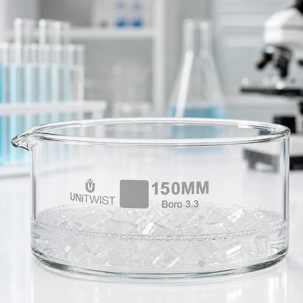 Kiteytysastia ø150mm borosilikaattilasi UNiTWIST UNiTWIST Litteä lasikulho 150 mm UNiTWIST Boro 3.3, jossa on jääkuutioita laboratoriossa