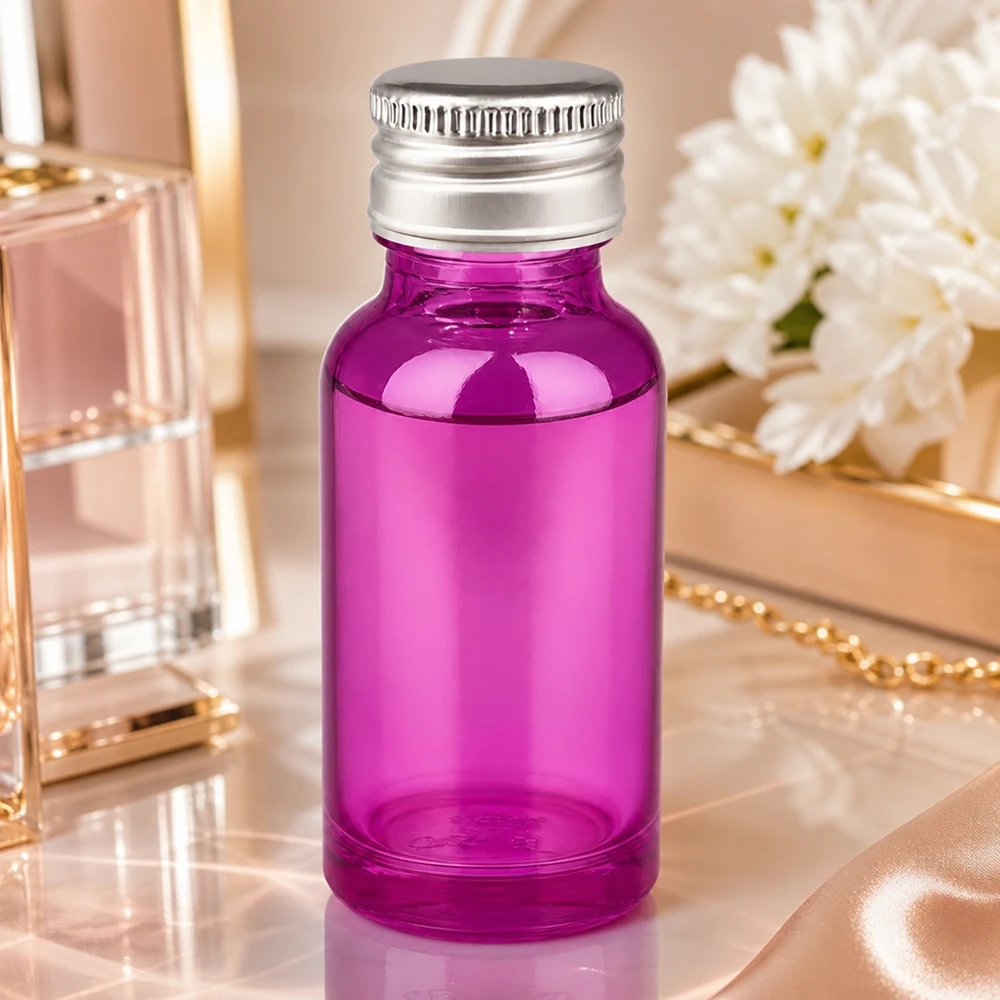 20ml pullo 11mm ruuvikorkki alumiini-hopea vakio PurpleLine.UT18/20 Elegantti 20ml pullo kirkkaan violetti hopeisella korkilla laadukkaille kosmetiikkatuotteille.
